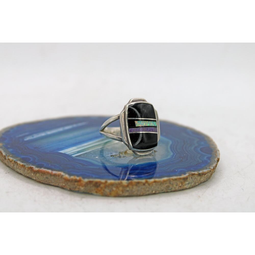 Larry M. Chavez Zuni Sterling Silver Onyx & Opal Inlay Ring